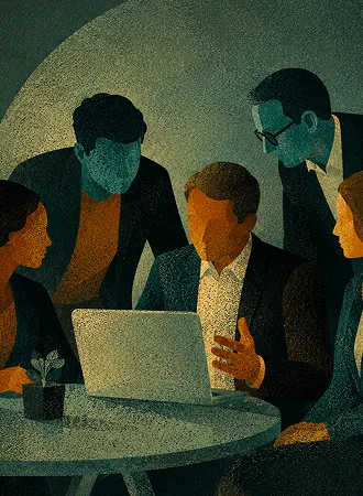 Stylized illustration of a tense workplace meeting around a laptop