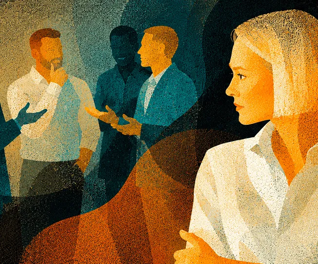 Stylized illustration of a worker turning away from co-workers talking behind her